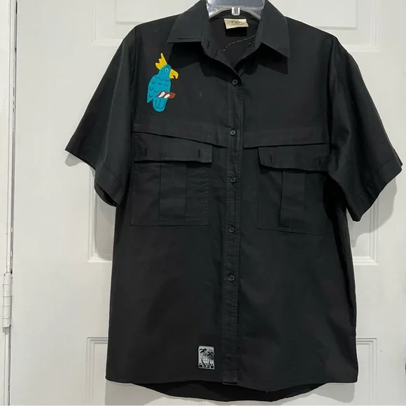 Hand Appliquéd & Embroidered Mola Style Black Cotton Button Up Men’s Shirt Sz L - Picture 7 of 9